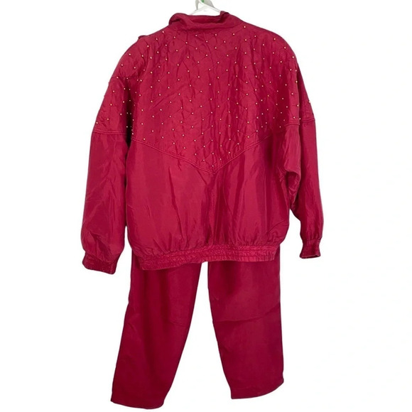 Vintage 80s 90s Silk Windbreaker Sweat Suit Jacket Pants Large Red Quilted - Picture 2 of 16
